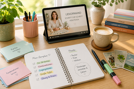 Laptop auf einem Schreibtisch mit einem Lenormand Kurs Startseite , ein Notizbuch mit Lernplan