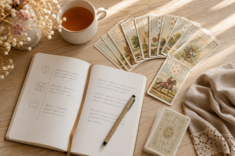 Mystische Teekränzchen und Kartenlesen mit den Lenormandkarten, die Karten liegen aufgefächert auf dem Tisch und daneben eine Notizbuch mit Stift