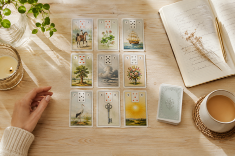 Lenormand Legesystem 9er Legung Blick in die Zukunft, 9 Karten liegen auf einem hellen Holztisch, daneben eine Tasse Tee und ein Notizbuch samt Stift