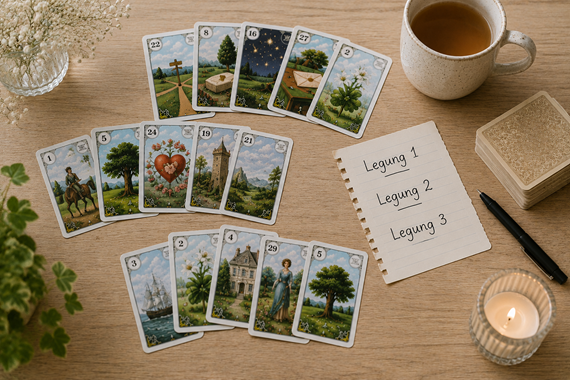 3 5er Kombinationen der Lenormandkarten und ein Zettel daneben, eine Kerze und eine Tasse Tee auf einem Holztisch