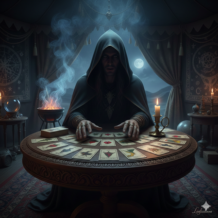 Kartenlegen: Eine Frau nutzt Wahrsagekarten zur Selbstreflexion.“